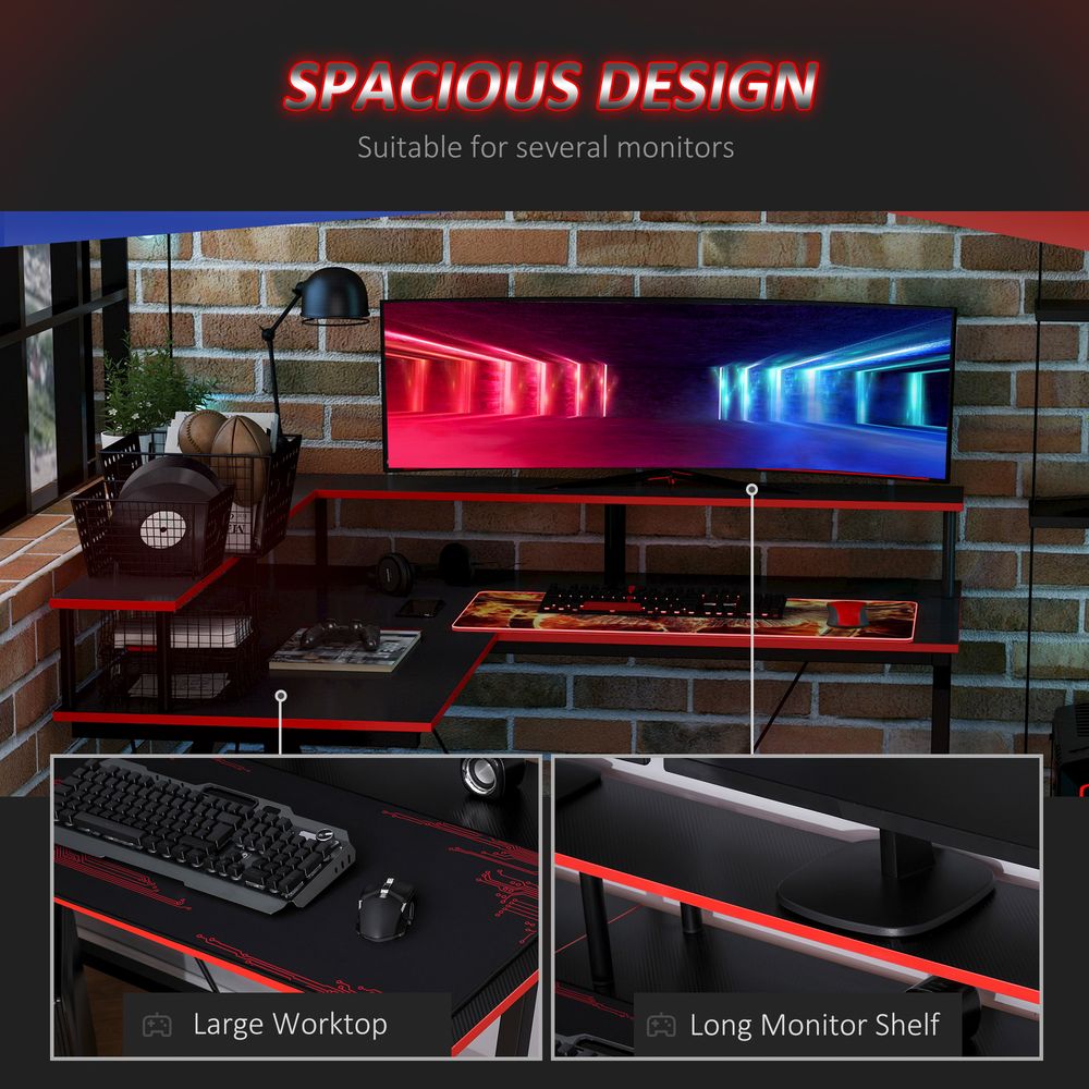 L-Shape Corner Gaming Desk Shelf Workstation, Black Red