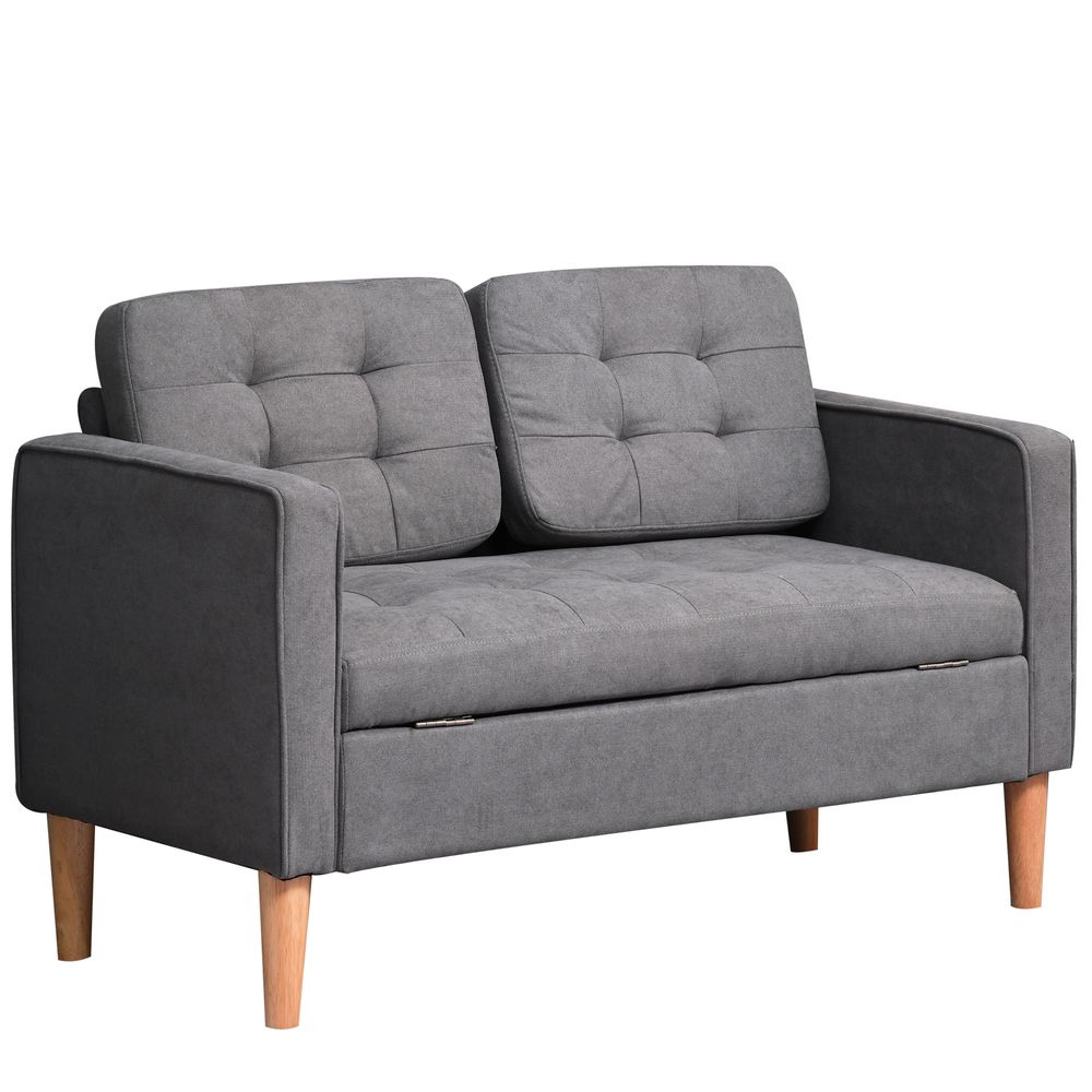 HOMCOM Compact Loveseat Sofa - 2 Seater with Storage & Wood Legs in Grey