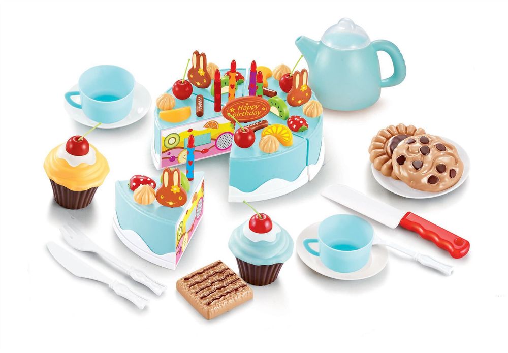 SOKA 54pc Birthday Party Cream Fruit Cake Dessert Pretend Role Play Toy Food Set Afternoon Tea Party for Kids Children Girls Boys Age 6 year old