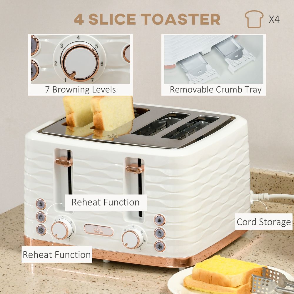 HOMCOM Kettle & Toaster Set - Rapid Boil, 4 Slice, White