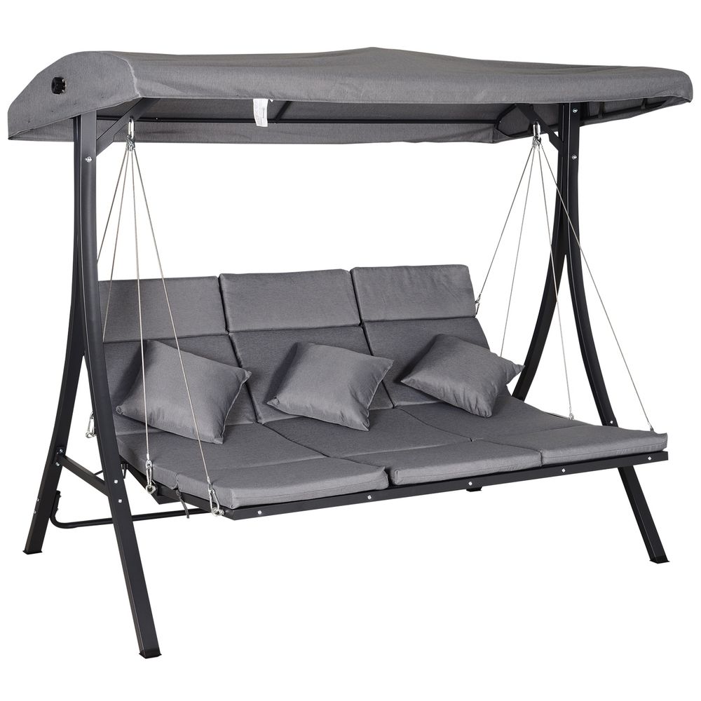 Outsunny Steel Pipe Garden Swing Chair | 3-Seater | Grey | Weather-resistant | Adjustable Canopy | 270kg Capacity