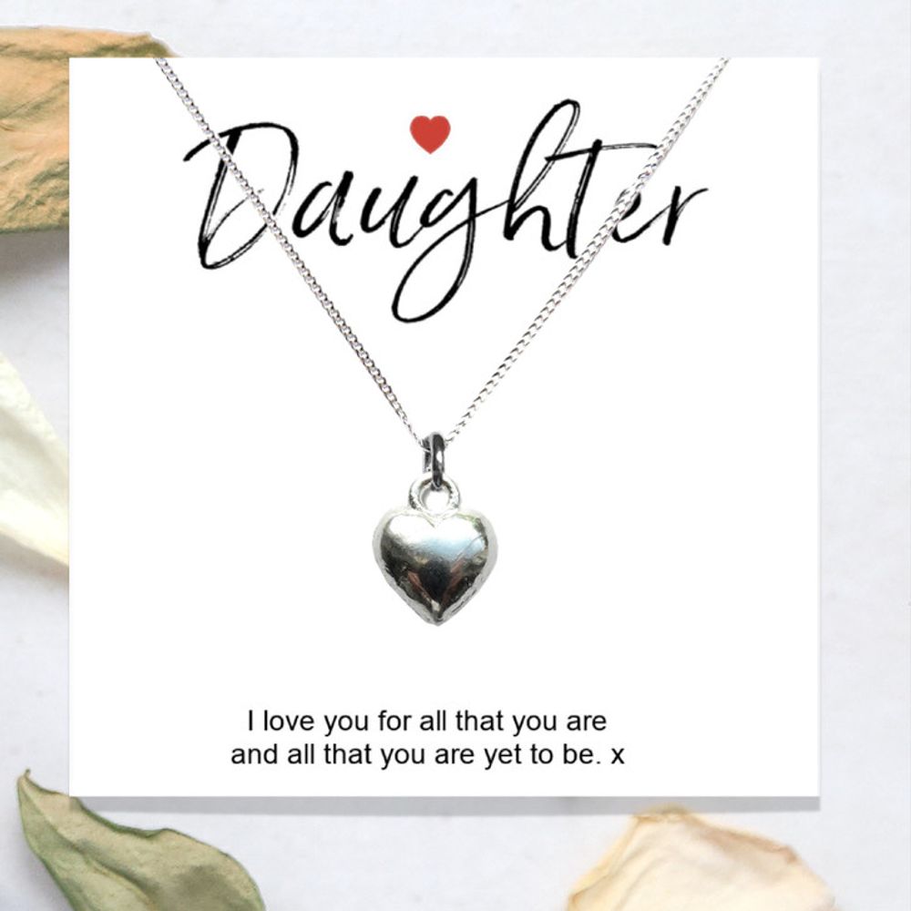 Daughter Message Card + Heart Necklace - Best Quality Gift for Special Occasions - 16" or 18" Chain - Sterling Silver