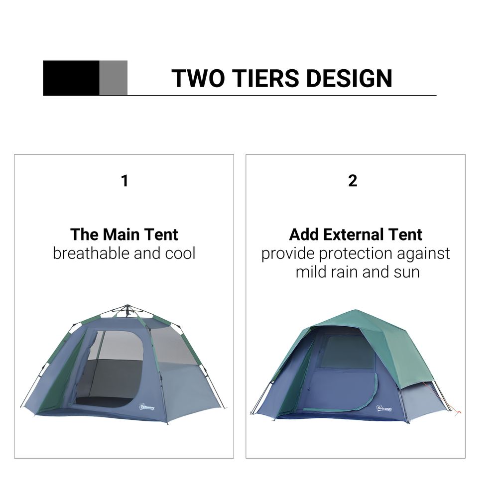 Outsunny Pop up 3 Person Family Camping Tent Waterproof Dome Lightweight Ventilated Easy to Assemble Large Door + 4 Windows Dim. 2.5L x 1.94W x 1.6H m Fibreglass Polyester Oxford Blue Green