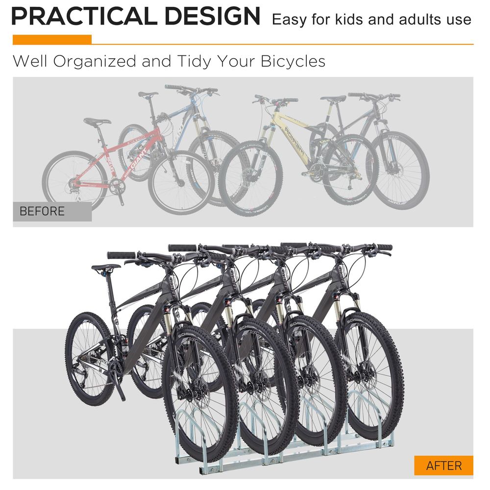 HOMCOM Parking for 4 Bicycles Steel Bike Rack on the Floor or Wall Parking for Indoor and Outdoor 110 x 33 x 27 cm Silver