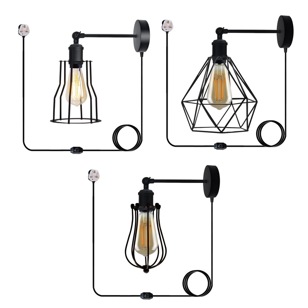 Black Vintage Industrial Light Plug in Wire cage E27 Wall Lamp~5059