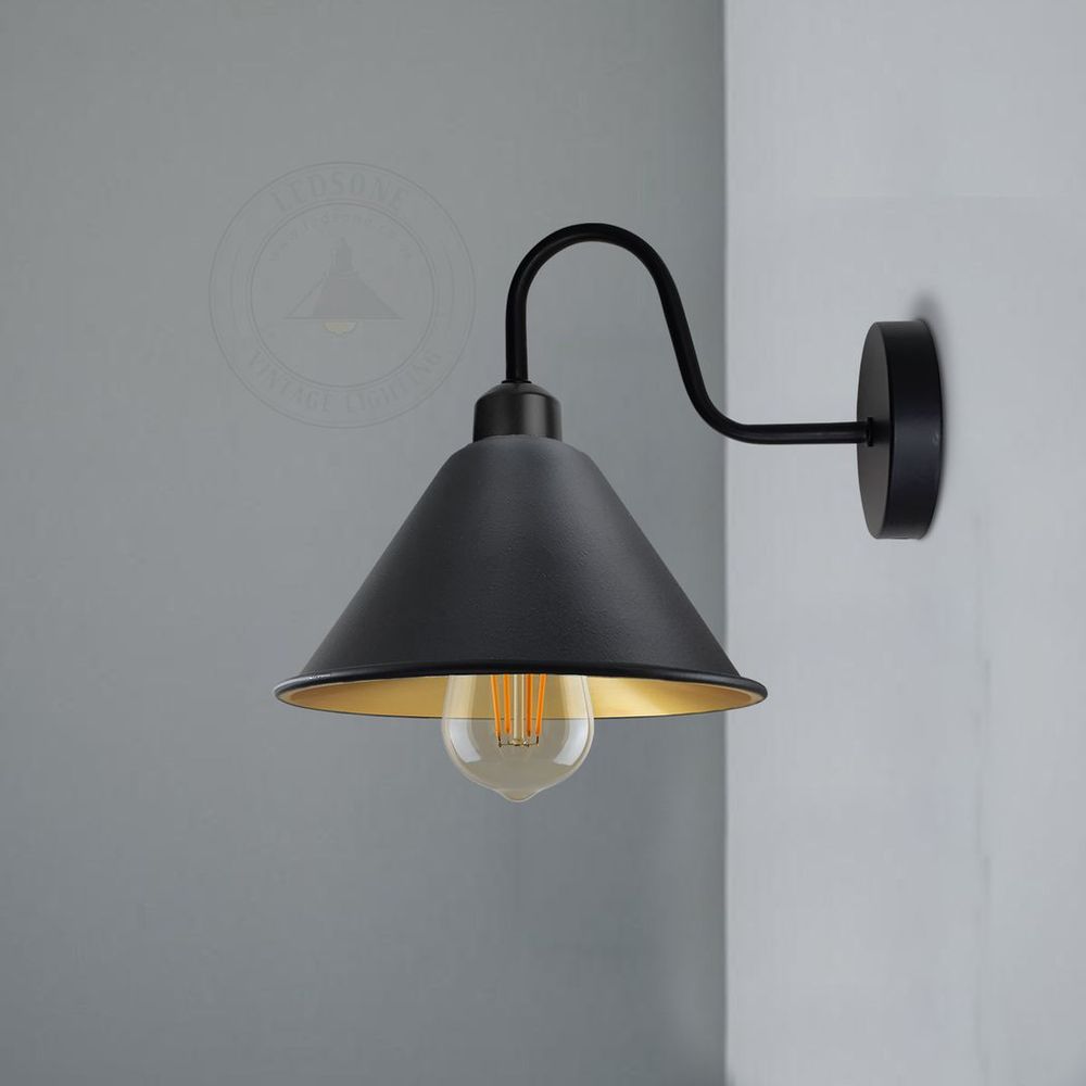 Vintage Black Gold Wall Light Fixture | E27 Base | Cone Shape Shade | Swan Neck