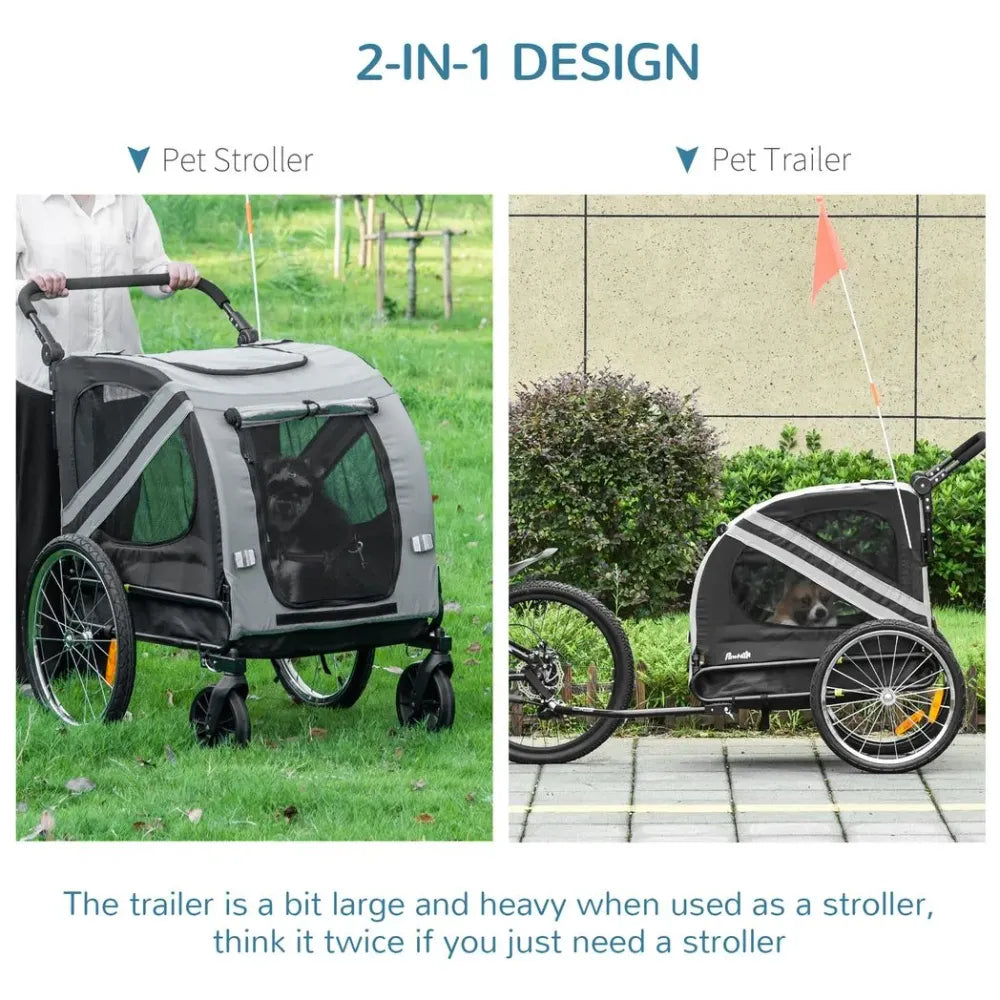 2-in-1 Dog Bike Trailer Pet Stroller w/ Reflectors - Grey. Durable Steel Frame. Large Dimensions for Medium Dogs. High-Quality.