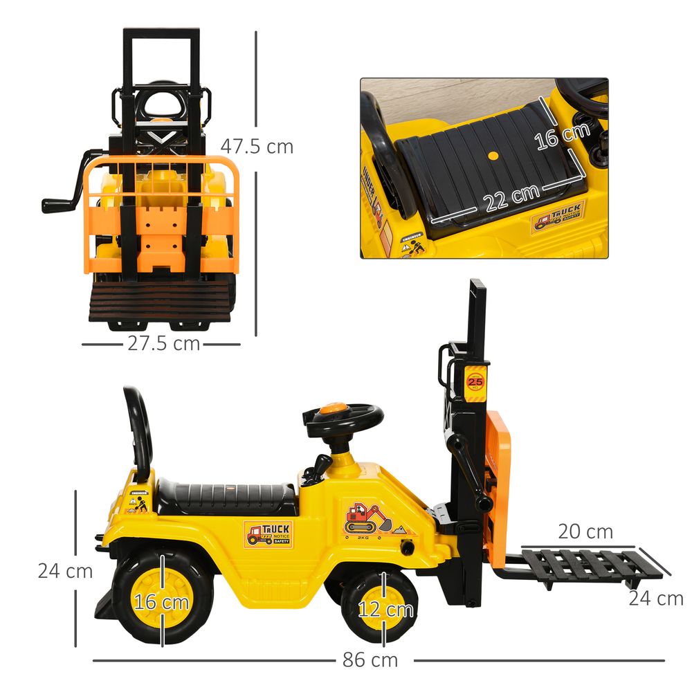 HOMCOM Kids Ride on Forklift Truck w/Fork and Tray, Ride On Tractor w/Under Seat Storage, Treaded Wheels, No Power Design, for 3-4 Years Old