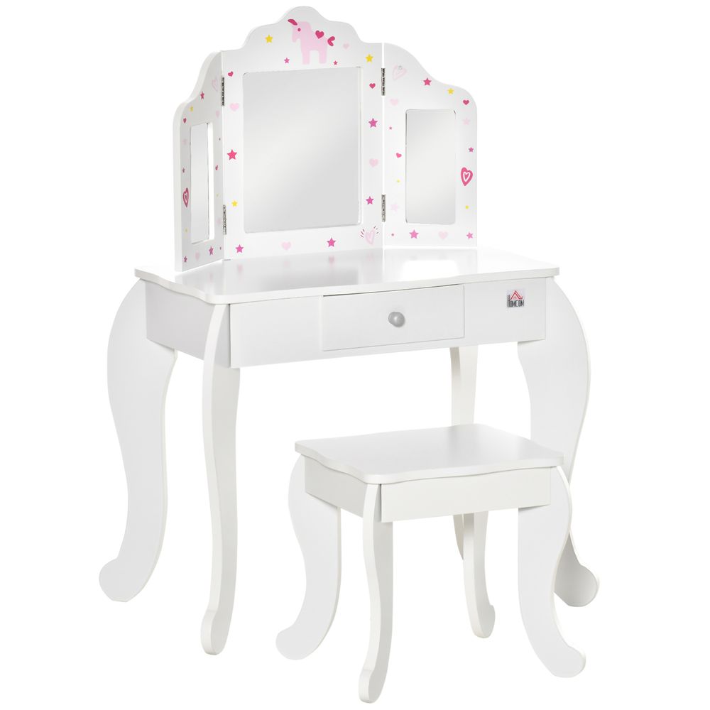 HOMCOM Kids Vanity Table & Stool Girls Dressing Set Make Up Desk Chair Dresser Play Set with Rotatable Mirrors Drawer Star & Heart Pattern White E