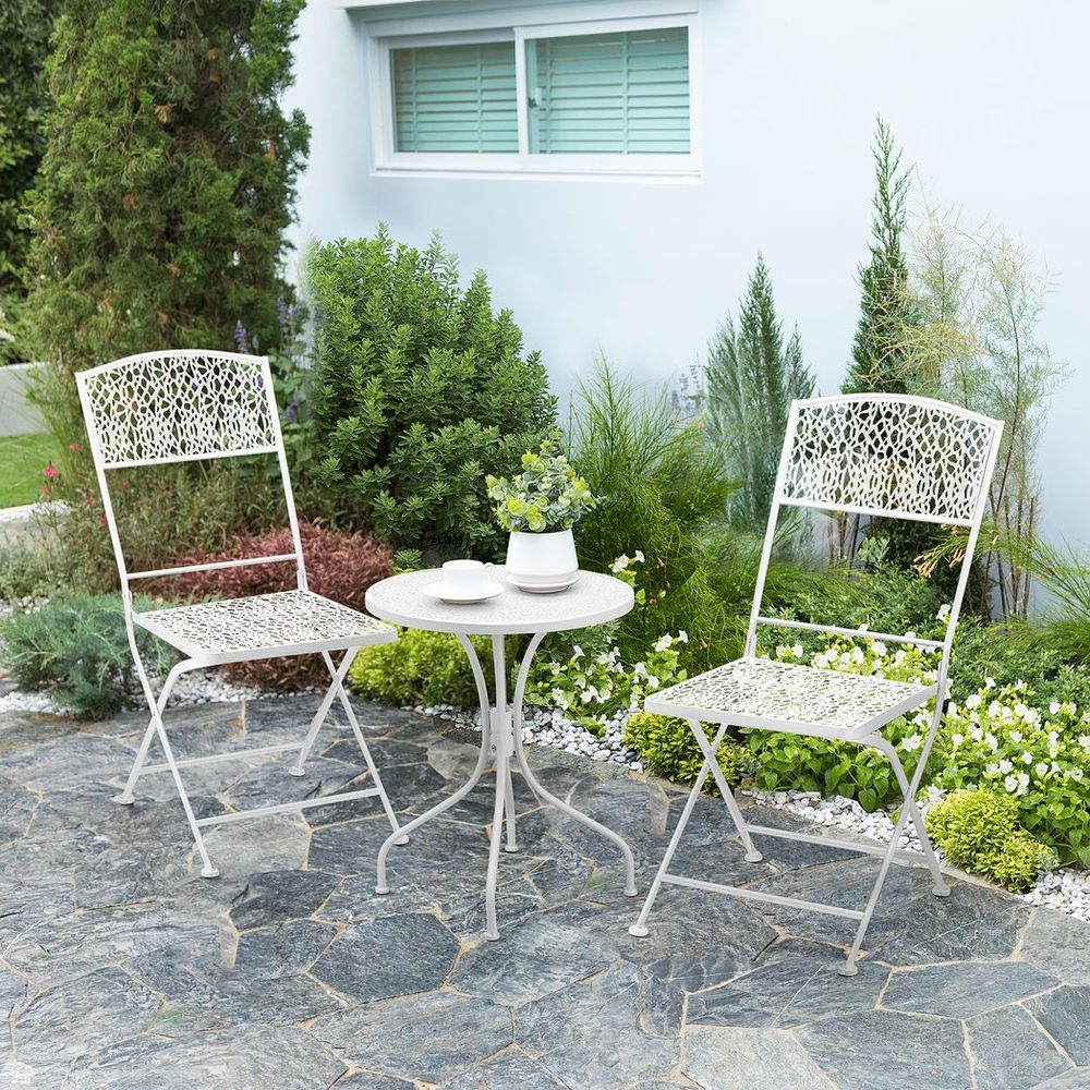 Garden Bistro Set for 2 with Folding Chairs and Round Table, White