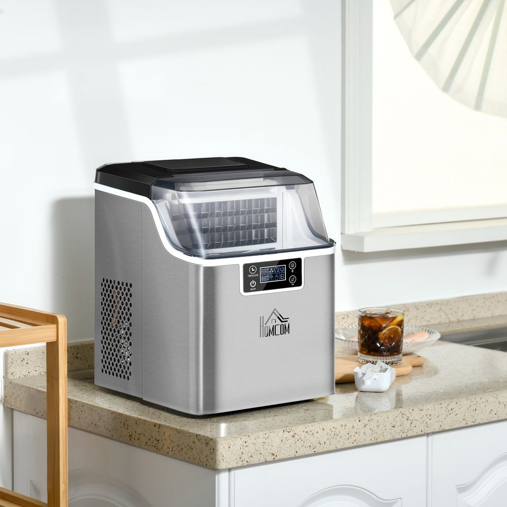 HOMCOM Ice Maker Machine Countertop, Stainless Steel Portable Ice Cube Maker, 2 Ways to Add Water, 24kg/Day, 24 Pcs Ready in 14 Mins, Self-Cleaning with Scoop & Basket, 3.2L, for Home Office, Silver