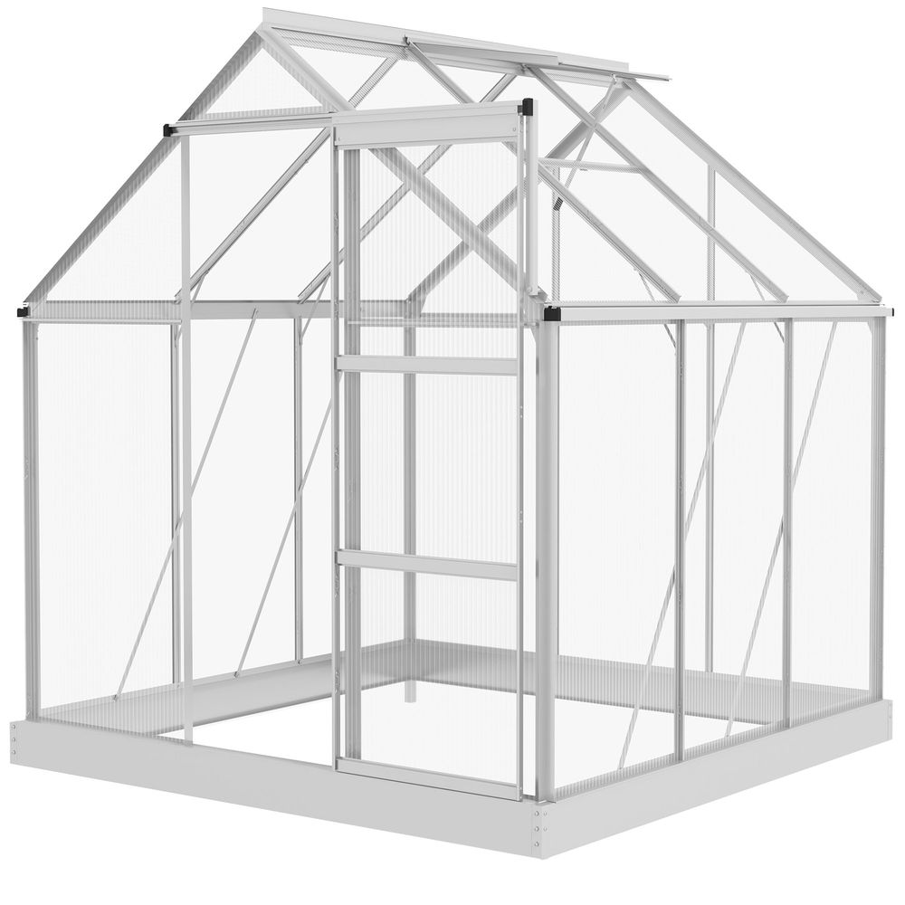 Outsunny 6 x 6ft Walk-In Polycarbonate Greenhouse with Foundation Window Silver