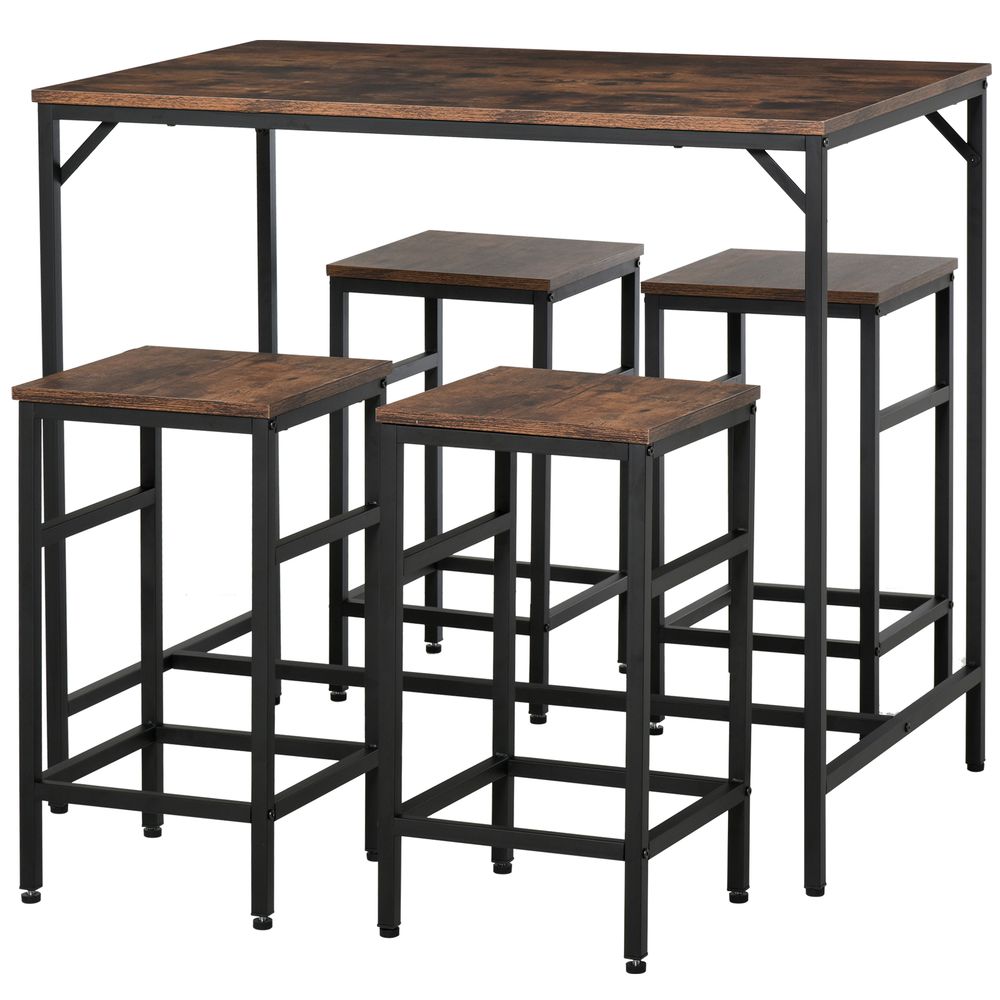 MDF Industrial 5-Pc Dining Set: Table & 4 Stools - Black/Brown, Quality & Space-Saving