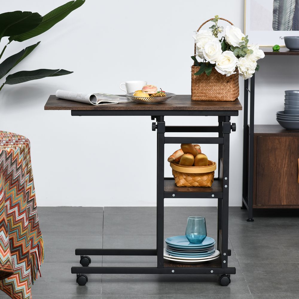HOMCOM Industrial Mobile Sofa Side Table C-Shaped Rolling Couch Table with 3-Tier Storage Shelving Four Lockable Wheels Steel Frame - Brown