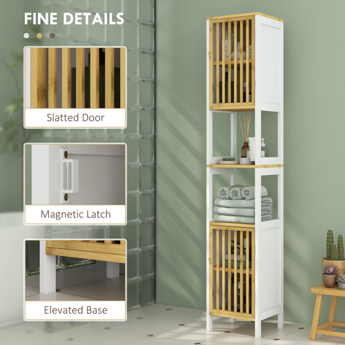 HOMCOM Tall Bathroom Cabinet Bamboo Bathroom Cupboard with Adjustable Shelves