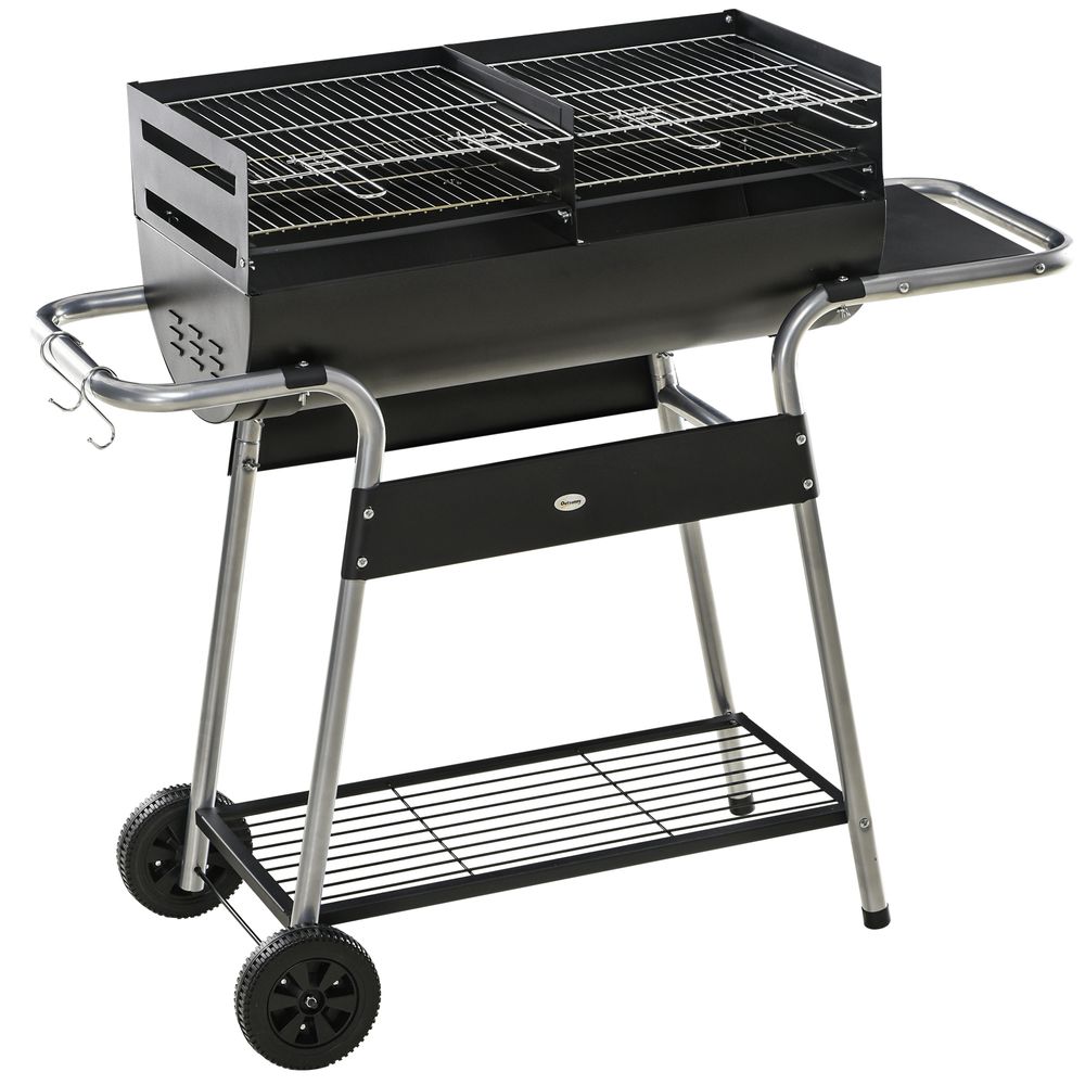 Outsunny Charcoal BBQ Grill - Double Grill, Table, Storage Shelf & Wheels - High-Quality Steel