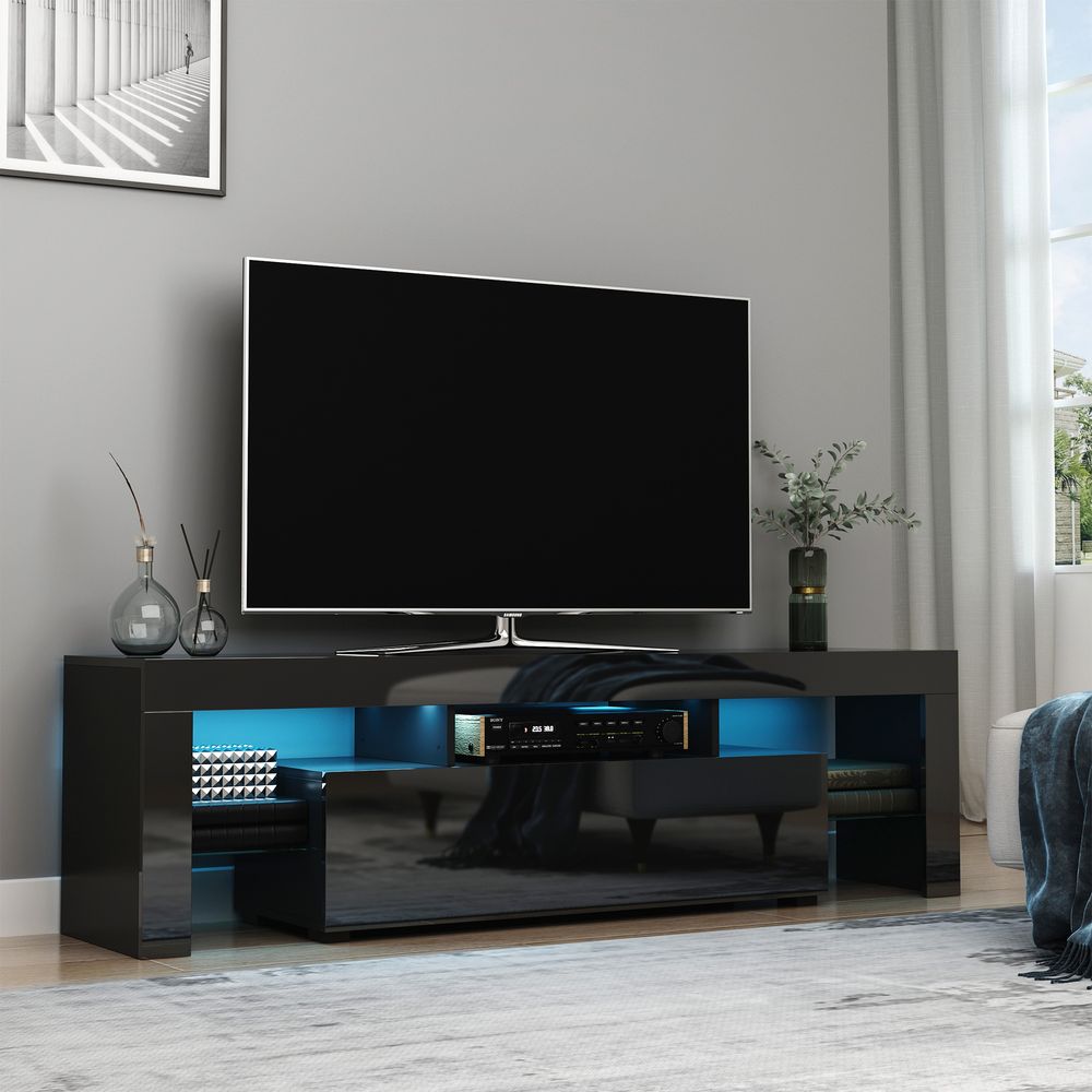 HOMCOM High Gloss TV Stand Cabinet W/ LED RGB Lights and Remote Control Black