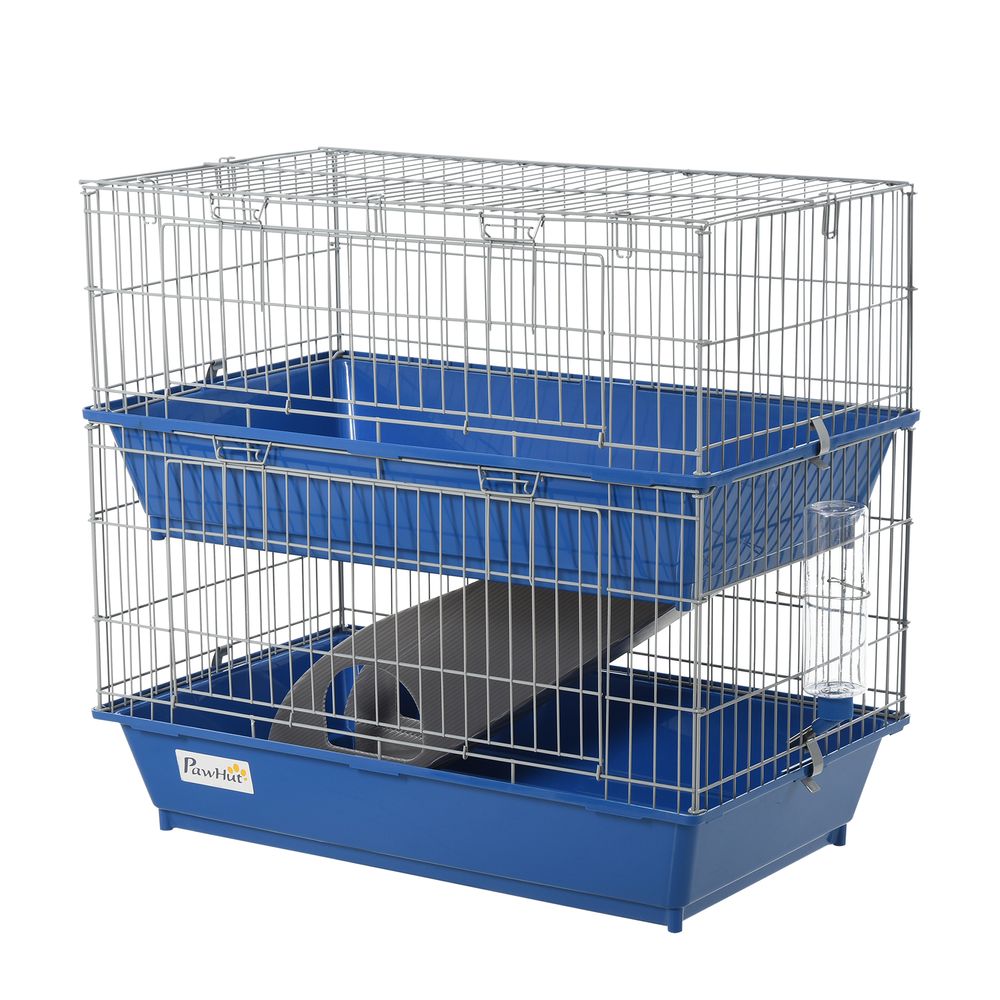 PawHut Double Tier Small Animal Cage Rabbit Chinchillas Cage w/Ramp Food Dish Water Bottle Deep Trays Pet Home 72 x 44 x 67 cm