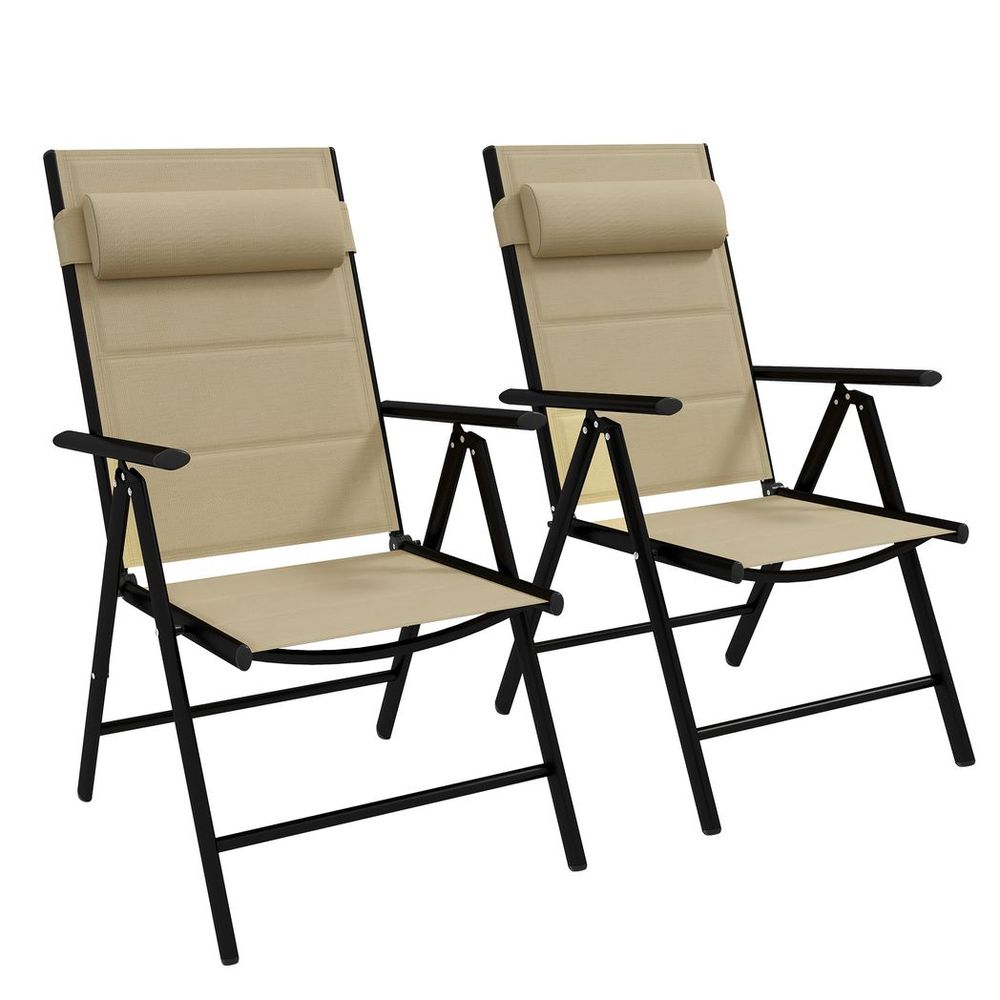 Outsunny Outdoor Folding Chairs - 2PCS, Padded, Lightweight, Khaki