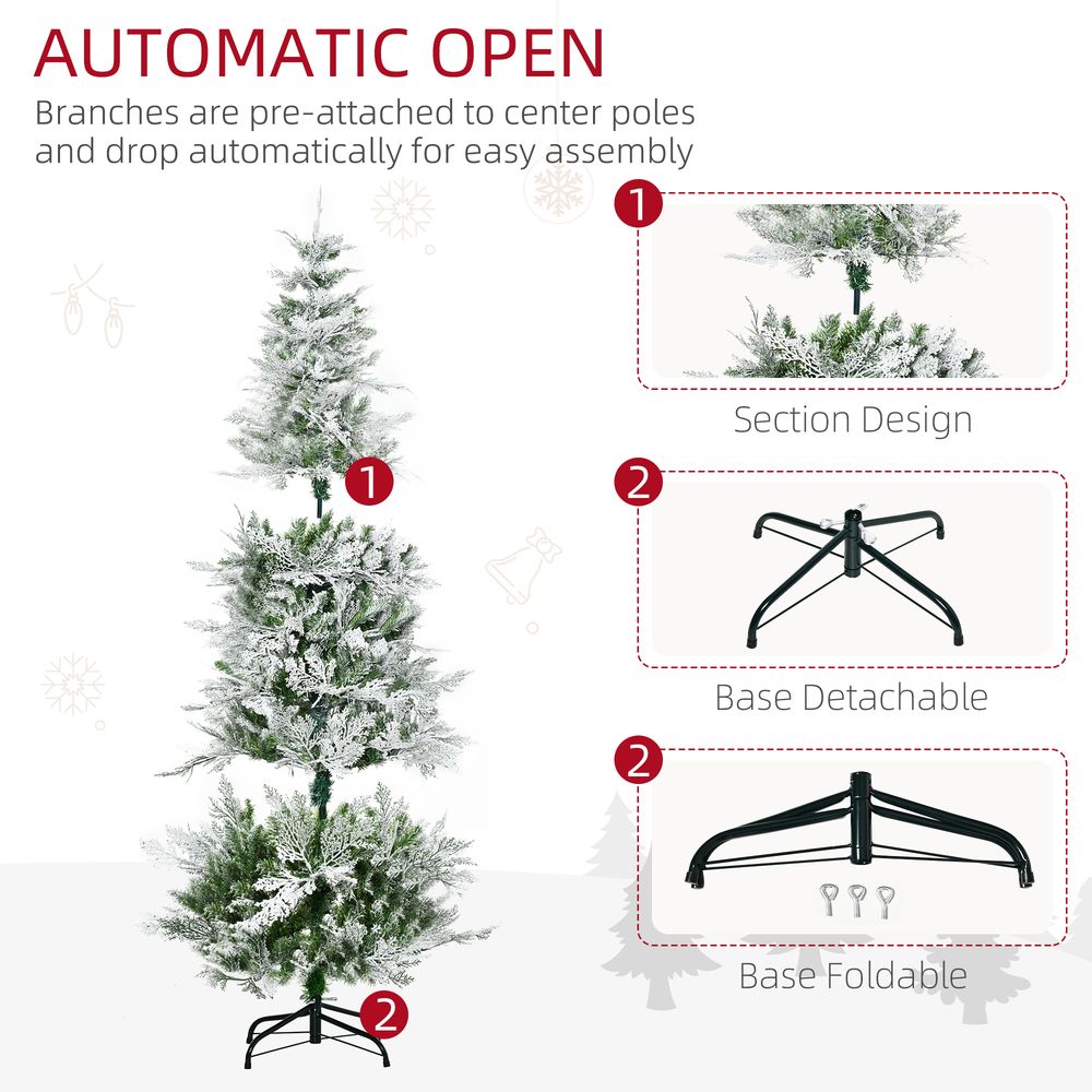 HOMCOM 6 Ft Snow Flocked Artificial Christmas Tree Xmas Pine Tree with Realistic Branches, Auto Open and Steel Base, Green