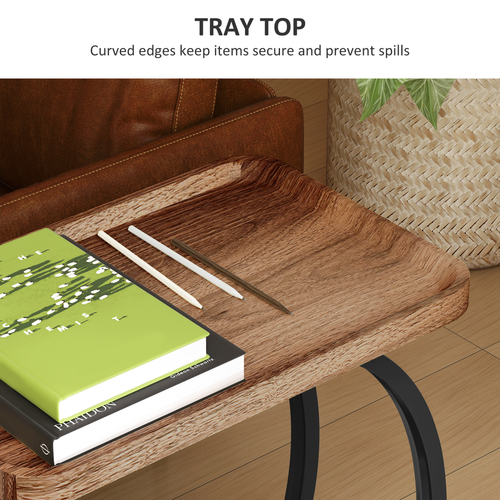 HOMCOM C Shaped Side Table with Storage & Wheels for Living Room, Brown