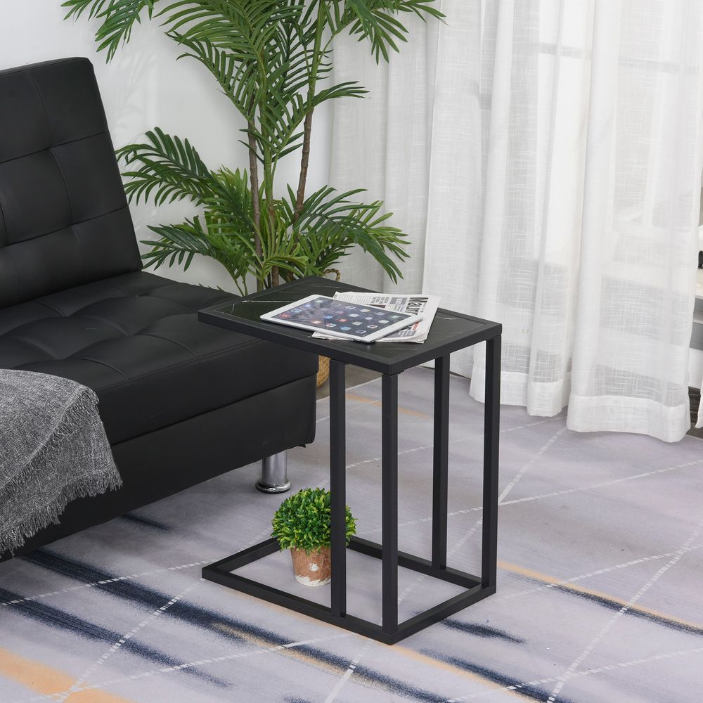 HOMCOM C Shape End Table w/Metal Frame Marble-Effect Top Sofa Side Table Narrow Snack Coffee Table for Living Room, Grey Marble Effect