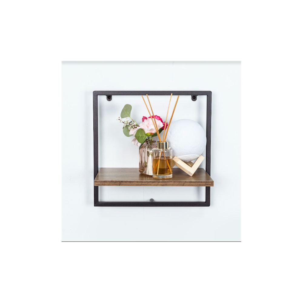 High-Quality Dark Oak Wall Shelf - 1 Tier with Black Metal Frame - PARGI