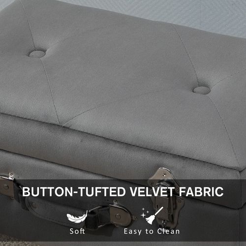 HOMCOM Velvet-Touch Suitcase Storage Stool Ottoman Suitcase 2 Latches Wood Legs