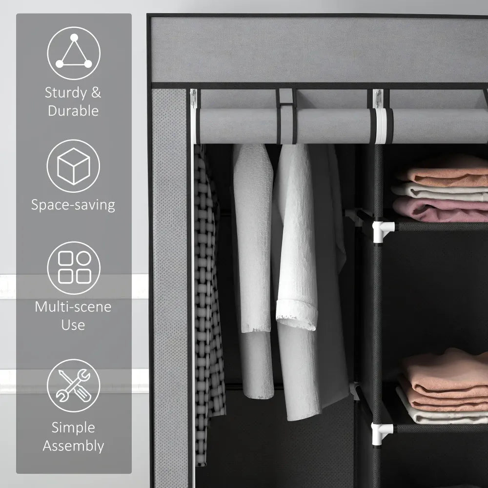 HOMCOM Portable Wardrobe - 5 Shelves, 3 Drawers, 2 Rails - Grey