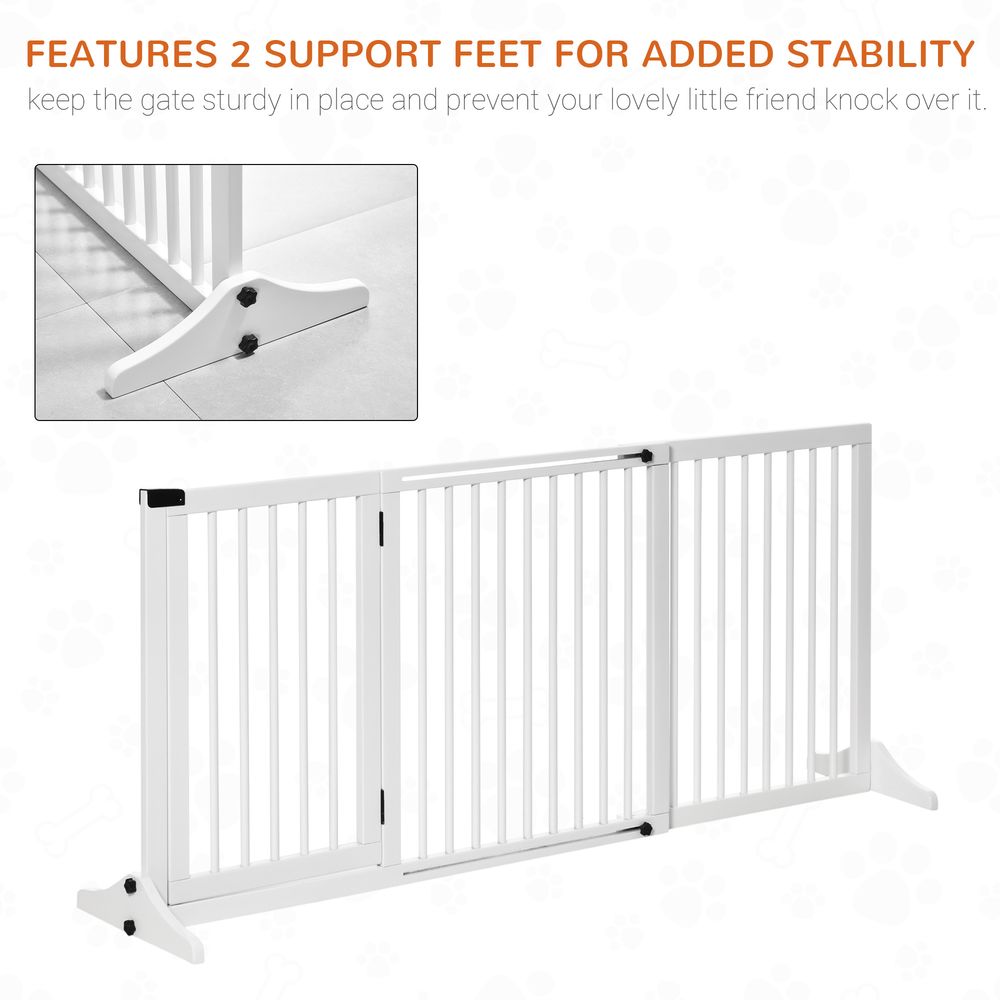 PawHut Adjustable Wooden Pet Gate Freestanding Dog Barrier Fence Doorway 3 Panels Safety Gate w/Lockable Door White 71H x 113-166W cm