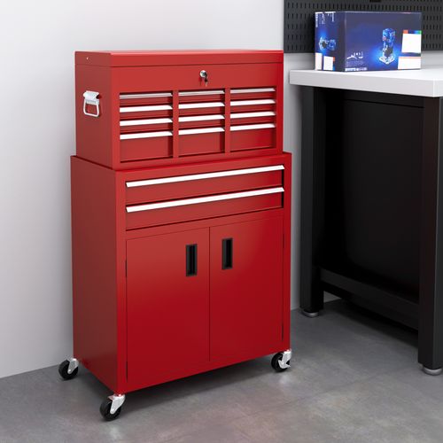 HOMCOM Top Chest and Roller Cabinet Combo Metal Tool Cabinet on Wheels