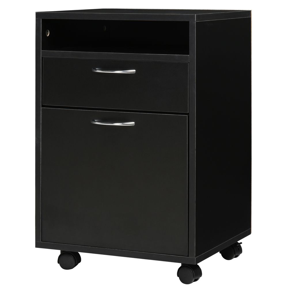 HOMCOM 60cm Storage Cabinet w/Drawer Open Shelf Metal Handles 4 Wheels Office Home Organiser Mobile Printer Black