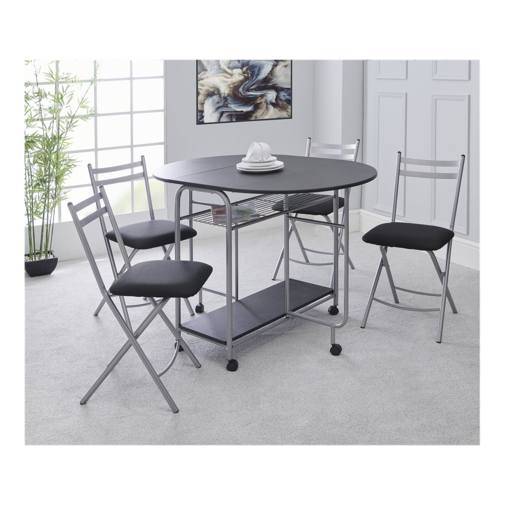 Greenhurst Stowaway Dining Set, Drop Down Table & 4 Folding Chairs, Max Table Size: L115 x D84 x H80cm (Black and Silver)