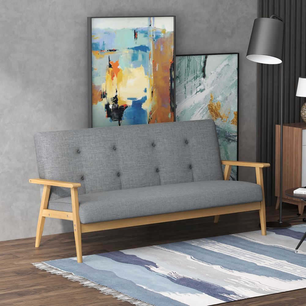 Modern Upholstery Sofa 3-Seater Couch with Button Tufted Backrest Dark Grey