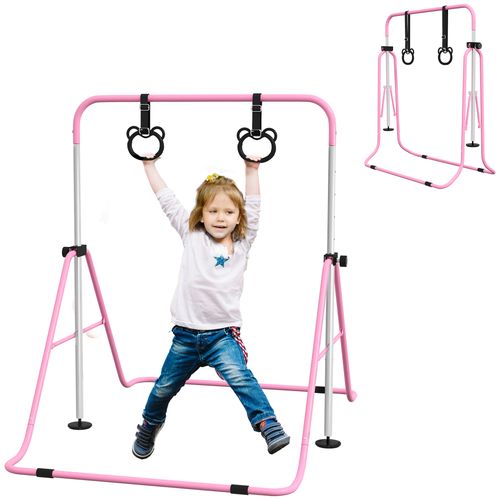 HOMCOM Adjustable Height Foldable Kids Gymnastics Bar with Non-Slip Mats, Pink