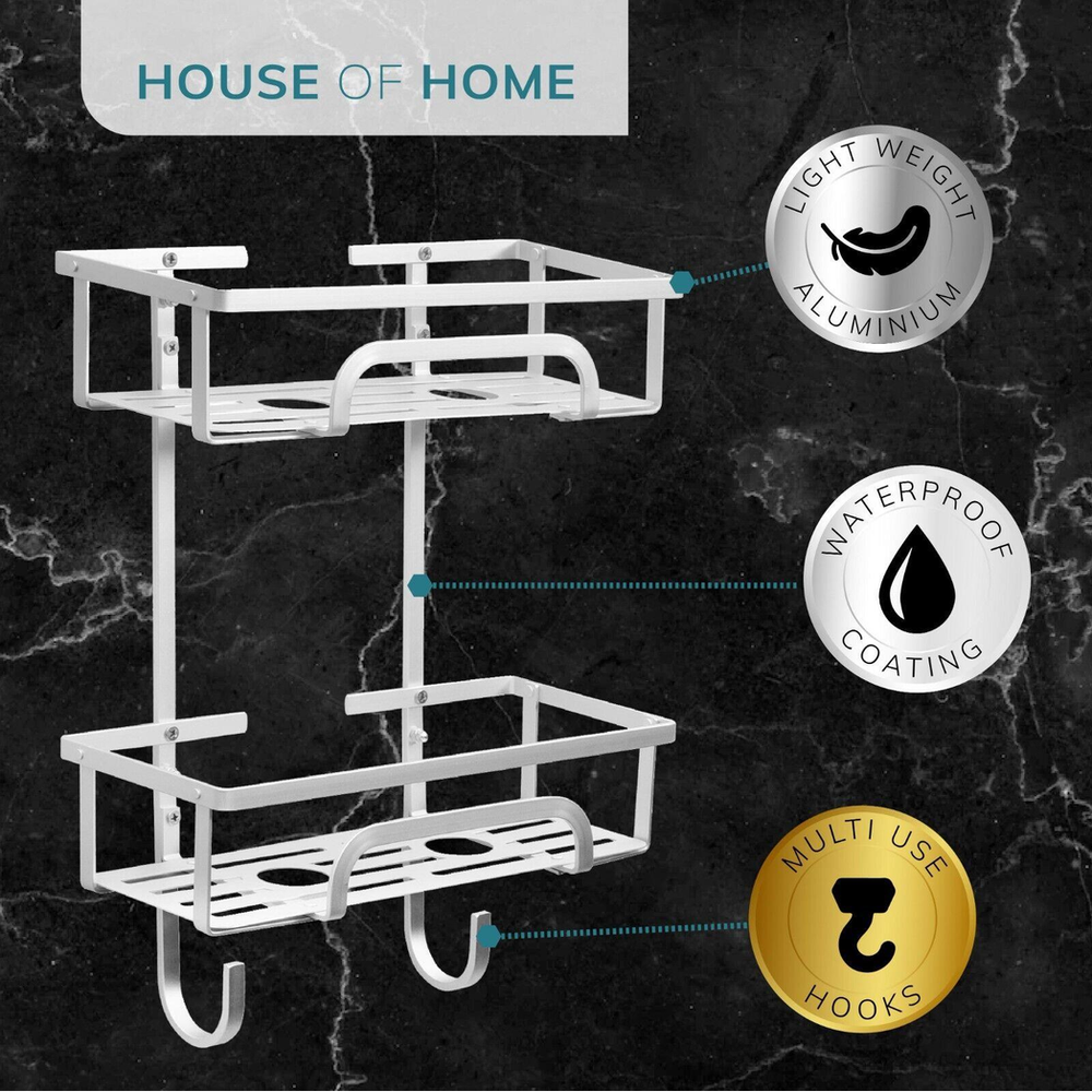 Self Adhesive 2 Tier Aluminium Shower Caddy with Bottom Hooks