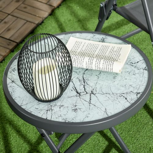 Outsunny Round Folding Side Table w/ Imitation Marble Glass Top, White