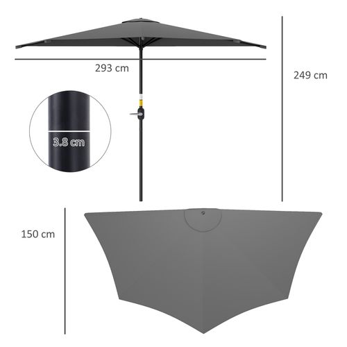 Outsunny 3(m) Half Round Parasol Garden Sun Umbrella w/ Crank Dark Grey