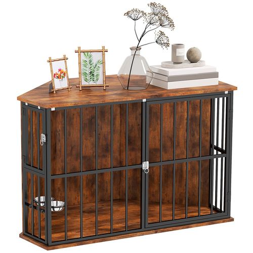 PawHut Corner Dog Crate Furniture with 2 Bowls for Small & Medium Dogs
