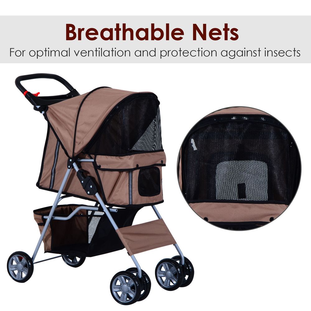 PawHut Pet Stroller for Small Miniature Dogs Cats Foldable Travel Carriage with Wheels Zipper Entry Cup Holder Storage Basket Brown