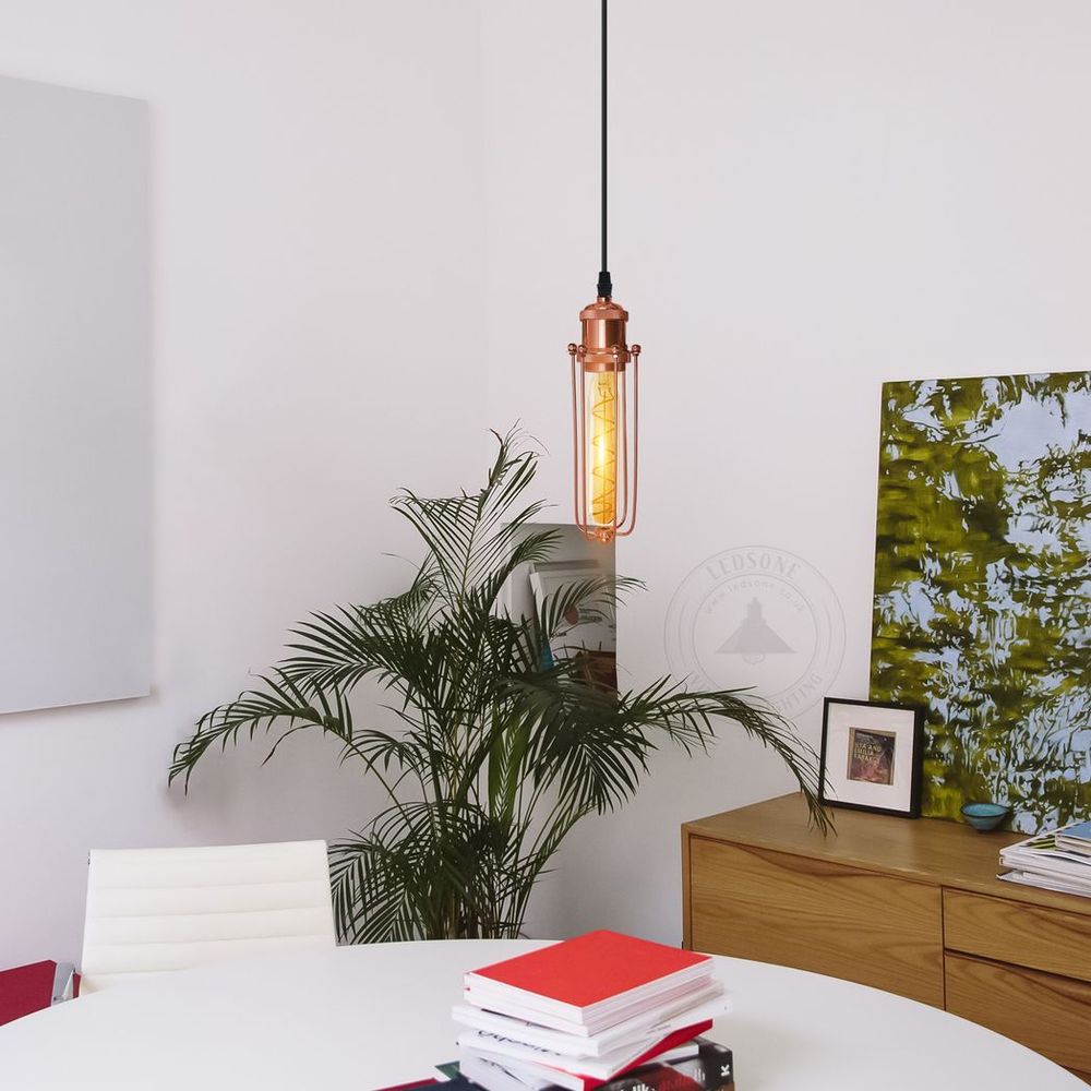 Vintage Metal Cage Pendant Light - Single Rose Gold Ceiling E27 Lamp Fixture for Home, Office, Cafe - Adjustable Wire Length