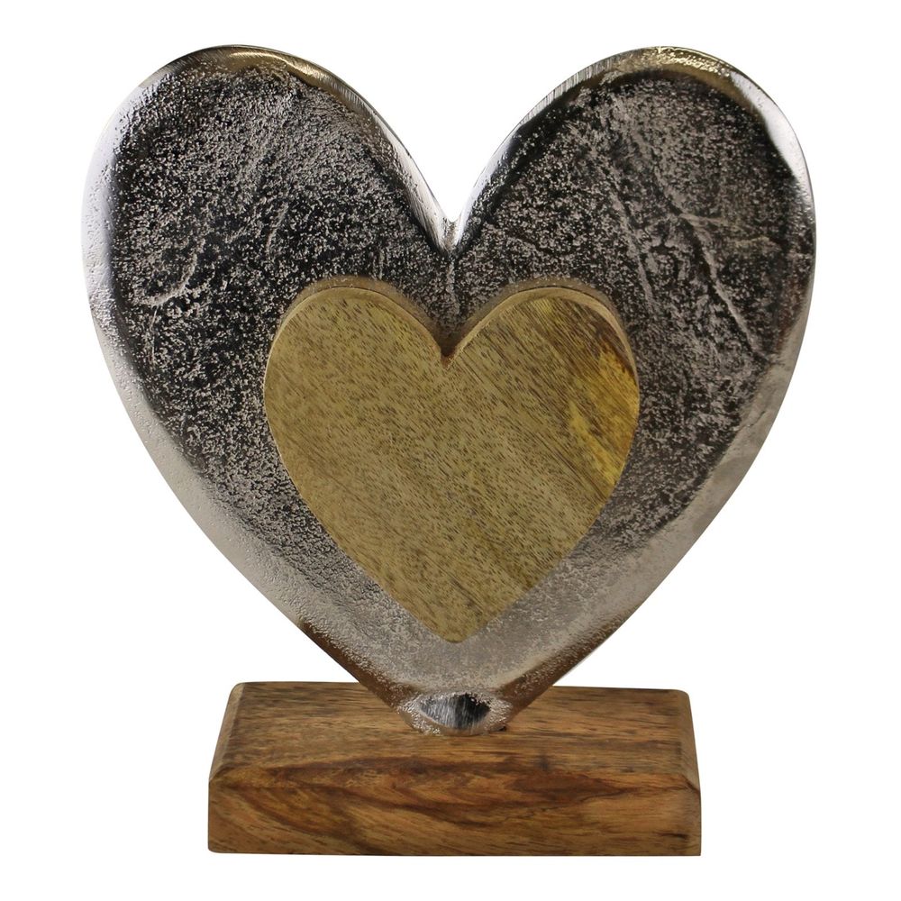 Premium Silver Metal & Wood Standing Heart Decor