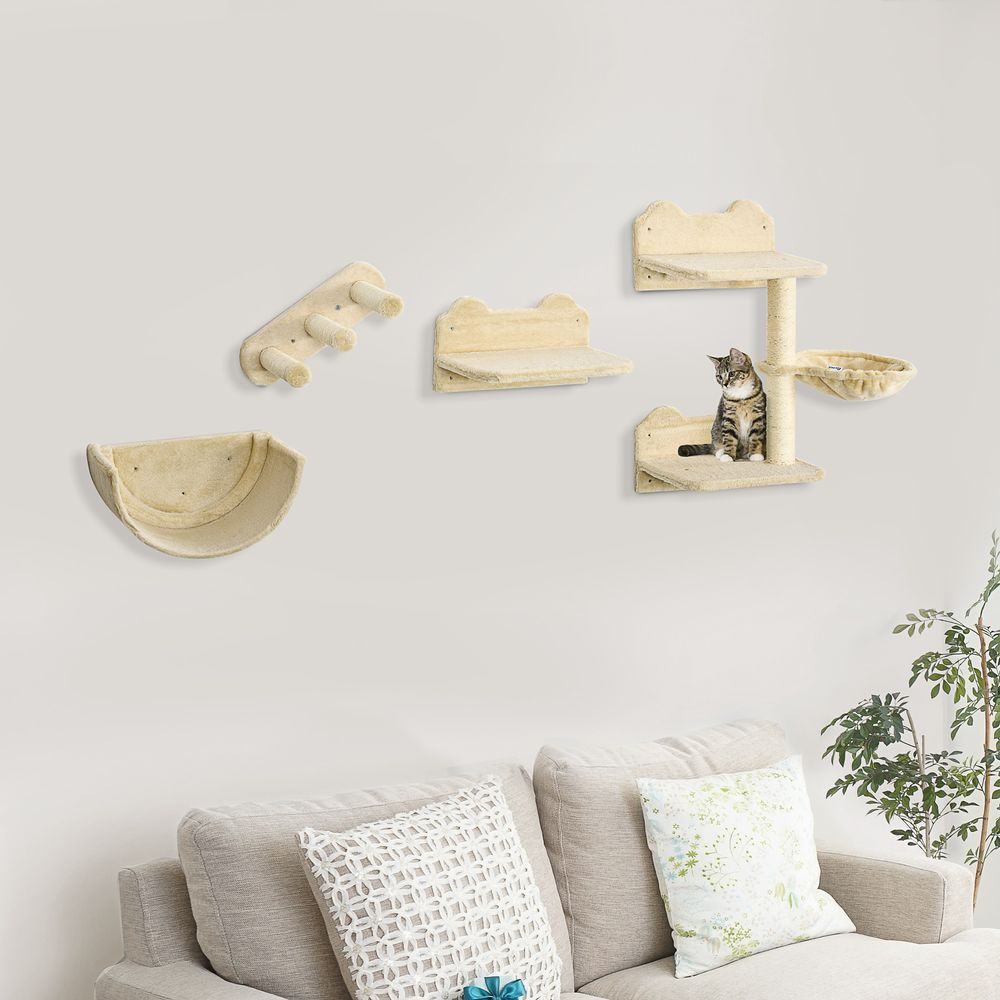 PawHut 4PCs Wall Mounted Cat Tree Cat Wall Shelves Furniture Climbing Shelf Set Kitten Activity Centre with Hammock, Scratching Post - Beige