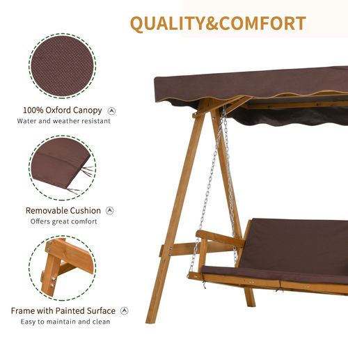3 Seater Swing Chair & Adjustable Canopy, Wooden Hammock Bench Brown