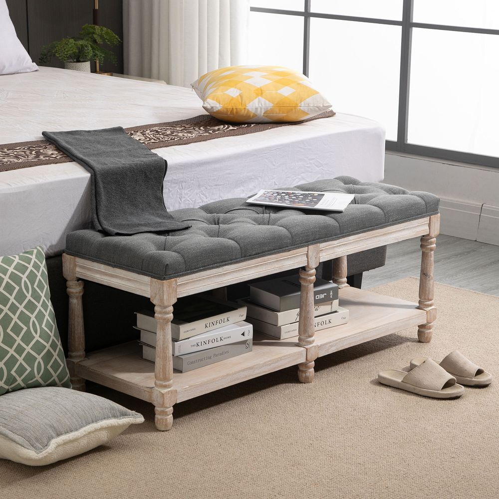 HOMCOM 2-Tier Bed End Bench, Vintage Stool, Wooden Window Seat with Storage Shelf, Button Tufted Upholstered Footstool for Living Room, Bedroom, Entryway, Grey