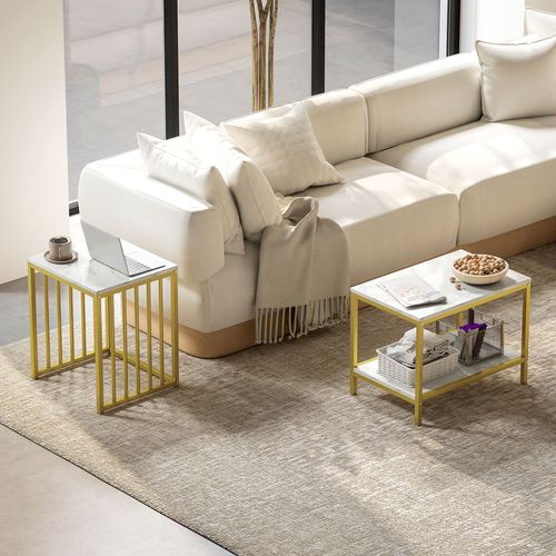 HOMCOM Modern Coffee Table Set of Two w/ Steel Frame Marble-Effect