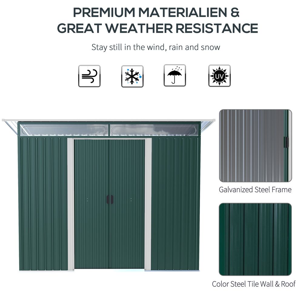Pent Roofed Metal Shed Foundation Vent 260x133x200cm Sliding Door Green