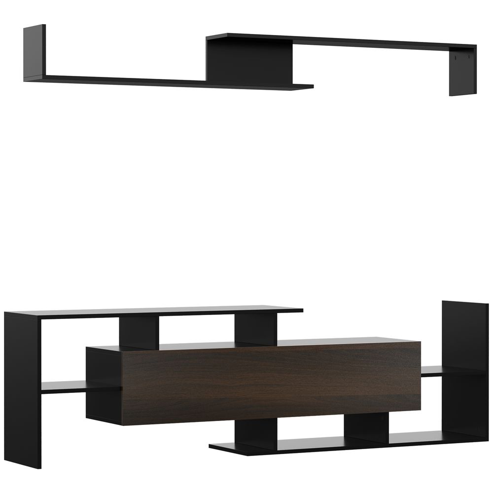 HOMCOM Modern TV Cabinet with Wall Shelf, TV Unit with Storage Shelf and Cabinet, for Wall-Mounted 65" TVs or Standing 40" TVs, Black and Dark Brown