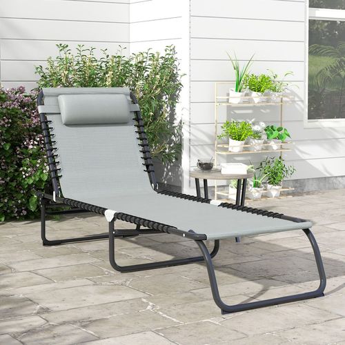 Outsunny Folding Beach Chair Chaise Lounge 4 Adjustable Positions, Light Grey