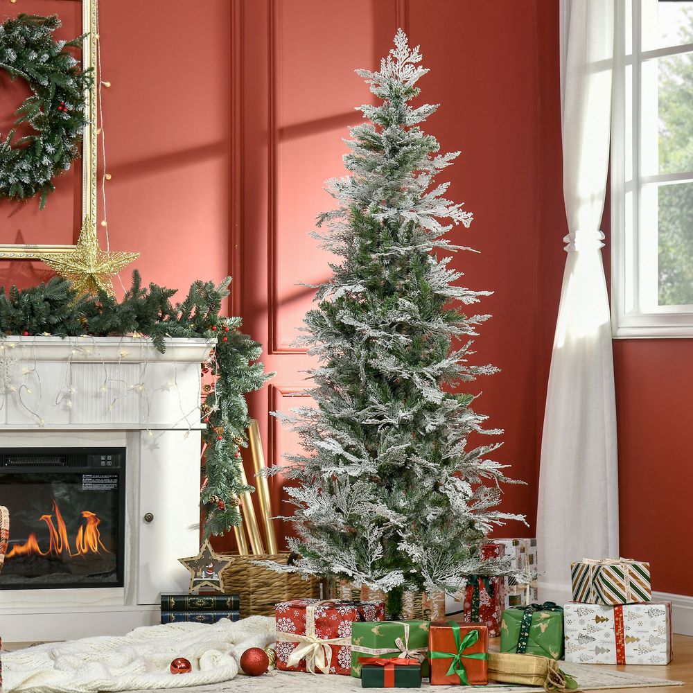 HOMCOM 6 Ft Snow Flocked Artificial Christmas Tree Xmas Pine Tree with Realistic Branches, Auto Open and Steel Base, Green